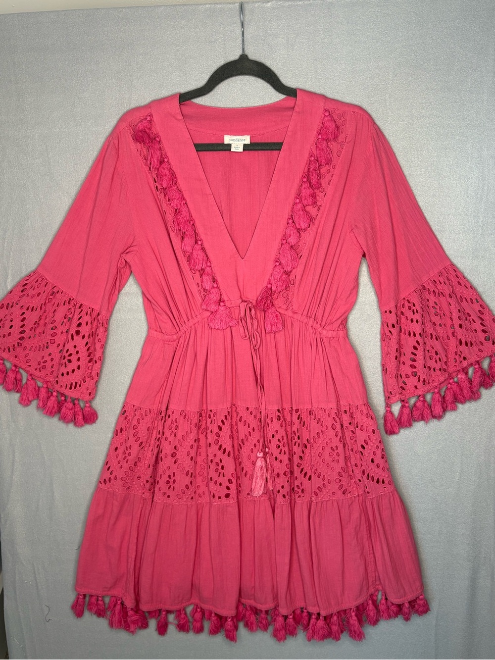 Sundance Pink Embroidered Eyelet Tassel Boho Dress Size Small